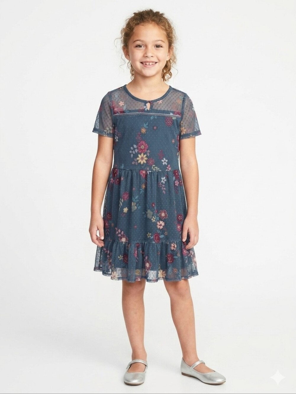 True Craft Navy Blue Floral Mesh Dress w/Flowers & Yellow Accents Girls Size M